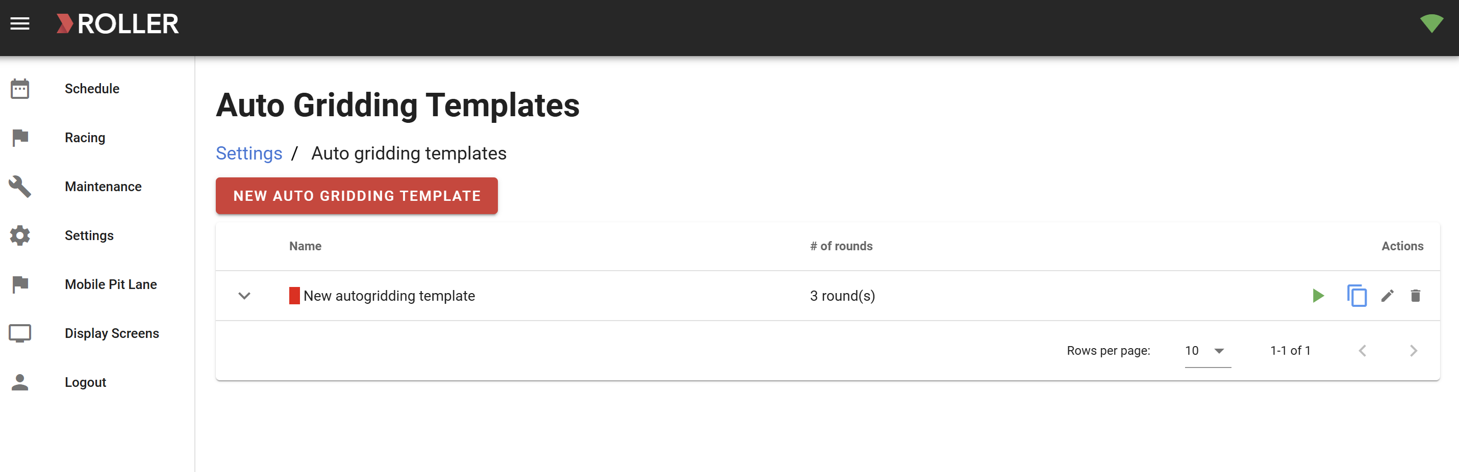 Settings page displaying auto gridding templates with a new template option highlighted.